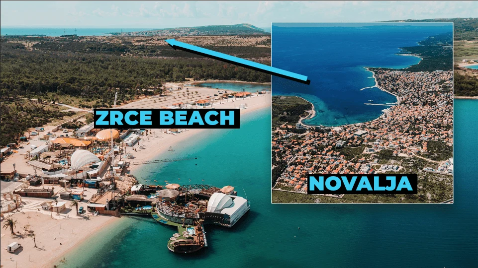 Karte: Lage von Zrce Beach und Novalja auf der Insel Pag